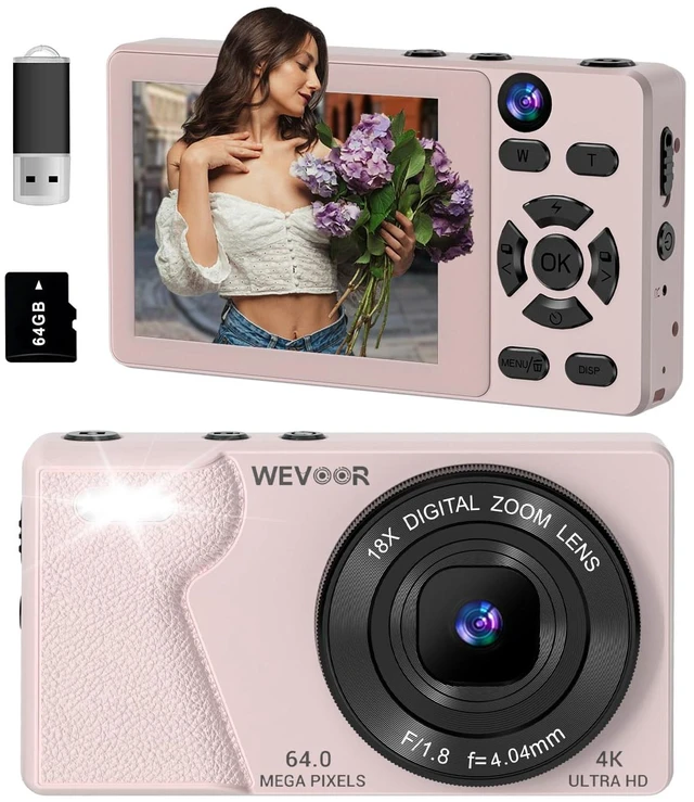 Main image of 4K Digital Camera for Photography- 64MP Autofocus Vlogging Camera with Dual Lens, 18X Digital Zoom- Small Point and Shoot Camera with Card and 2000mAh for YouTube, Travel, Beginners (Pink)