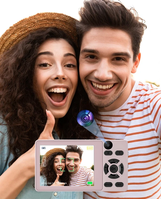 Alt view image 3 of 7 - 4K Digital Camera for Photography- 64MP Autofocus Vlogging Camera with Dual Lens, 18X Digital Zoom- Small Point and Shoot Camera with Card and 2000mAh for YouTube, Travel, Beginners (Pink)
