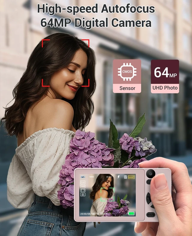 Alt view image 4 of 7 - 4K Digital Camera for Photography- 64MP Autofocus Vlogging Camera with Dual Lens, 18X Digital Zoom- Small Point and Shoot Camera with Card and 2000mAh for YouTube, Travel, Beginners (Pink)