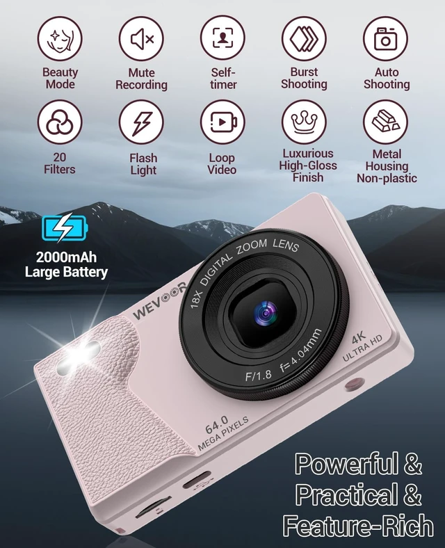 Alt view image 5 of 7 - 4K Digital Camera for Photography- 64MP Autofocus Vlogging Camera with Dual Lens, 18X Digital Zoom- Small Point and Shoot Camera with Card and 2000mAh for YouTube, Travel, Beginners (Pink)