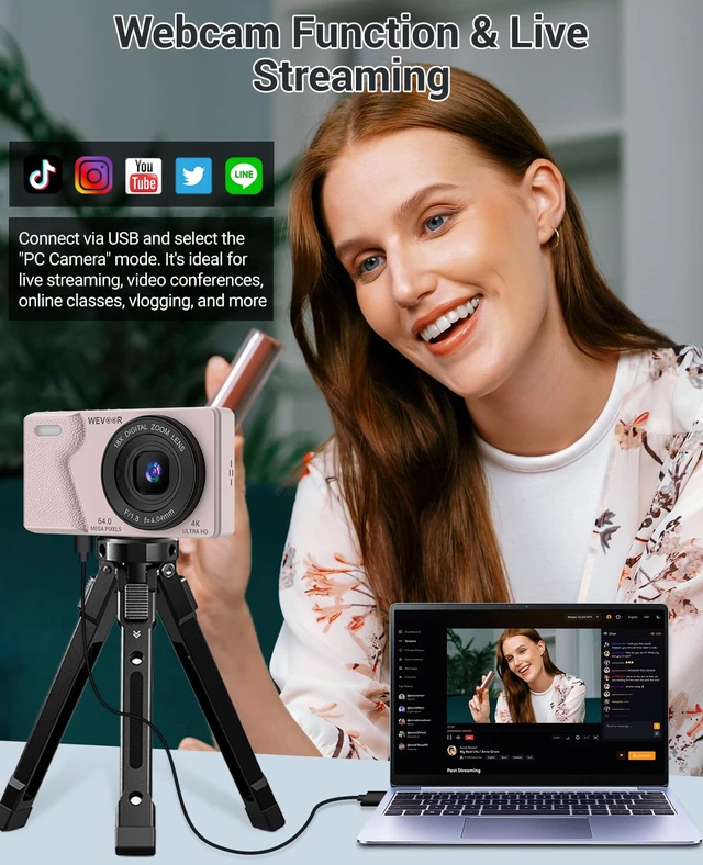 Alt view image 6 of 7 - 4K Digital Camera for Photography- 64MP Autofocus Vlogging Camera with Dual Lens, 18X Digital Zoom- Small Point and Shoot Camera with Card and 2000mAh for YouTube, Travel, Beginners (Pink)