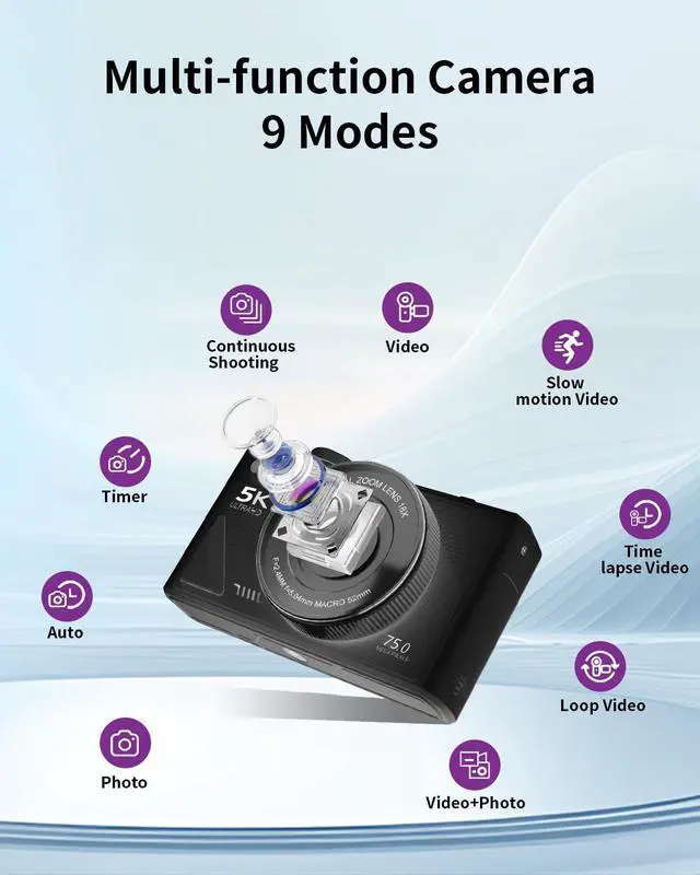 Alt view image 6 of 7 - 5K Digital Camera for Photography with WiFi, 75MP Ultra HD Vlogging Camera for YouTube with 3" 180° Flip Screen,18X Zoom Autofocus Compact Cameras for Beginners Teens with 64GB SD Card.