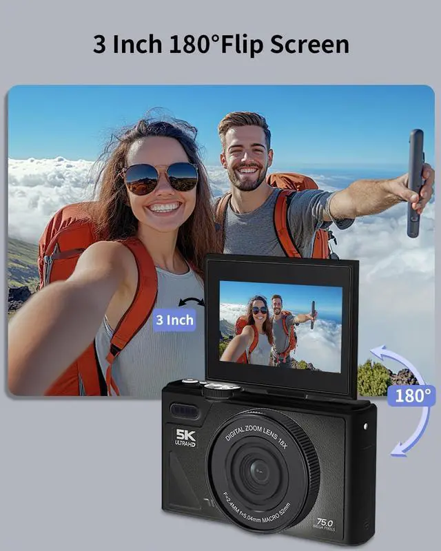 Alt view image 7 of 7 - 5K Digital Camera for Photography with WiFi, 75MP Ultra HD Vlogging Camera for YouTube with 3" 180° Flip Screen,18X Zoom Autofocus Compact Cameras for Beginners Teens with 64GB SD Card.