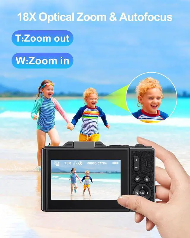 Alt view image 4 of 7 - 5K Digital Camera for Photography with WiFi, 75MP Ultra HD Vlogging Camera for YouTube with 3" 180° Flip Screen,18X Zoom Autofocus Compact Cameras for Beginners Teens with 64GB SD Card.