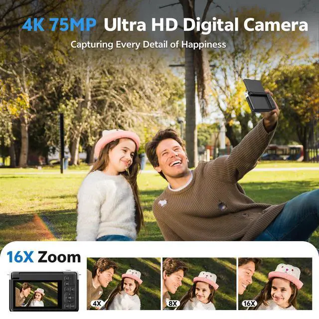 Alt view image 2 of 7 - 4K Digital Camera for Photography, 75MP Vlogging Cameras with Flip Screen | Built-in Wifi, 2500 mAh Battery, Autofocus, 16x Zoom, App Control, Compact Travel Camera for Beginners, Teens, Kids, Black