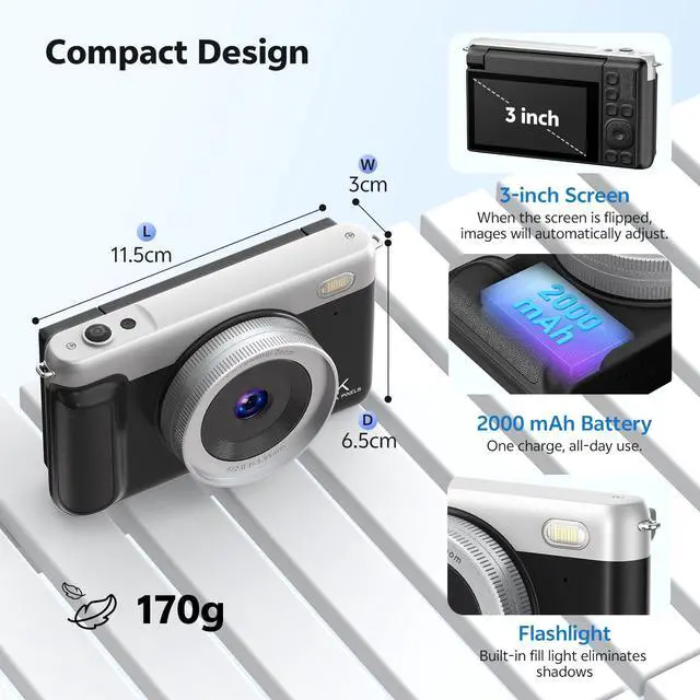 Alt view image 6 of 7 - 4K Digital Camera for Photography, 75MP Vlogging Cameras with Flip Screen | Built-in Wifi, 2500 mAh Battery, Autofocus, 16x Zoom, App Control, Compact Travel Camera for Beginners, Teens, Kids, Black