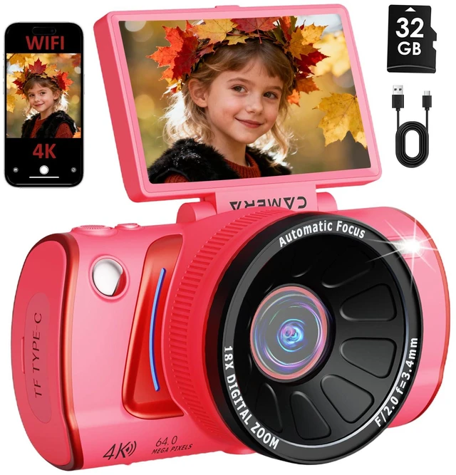 Main image of 4K Digital Camera for Photography Autofocus,64MP WiFi Vlogging Camera with 3 180° Flip Screen for YouTube,18X Zoom Travel Camera for Beginners,32GB Card & Rechargeable Battery (Pink)