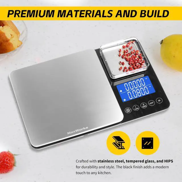 Alt view image 2 of 3 - Precision Dual Platform Kitchen Scale Measure Bulk and Fine Ingredients Simultaneously 22 lb Max Capacity Stainless Steel and Glass Digital Scale with USB Charging and 2 Way Power (51069)