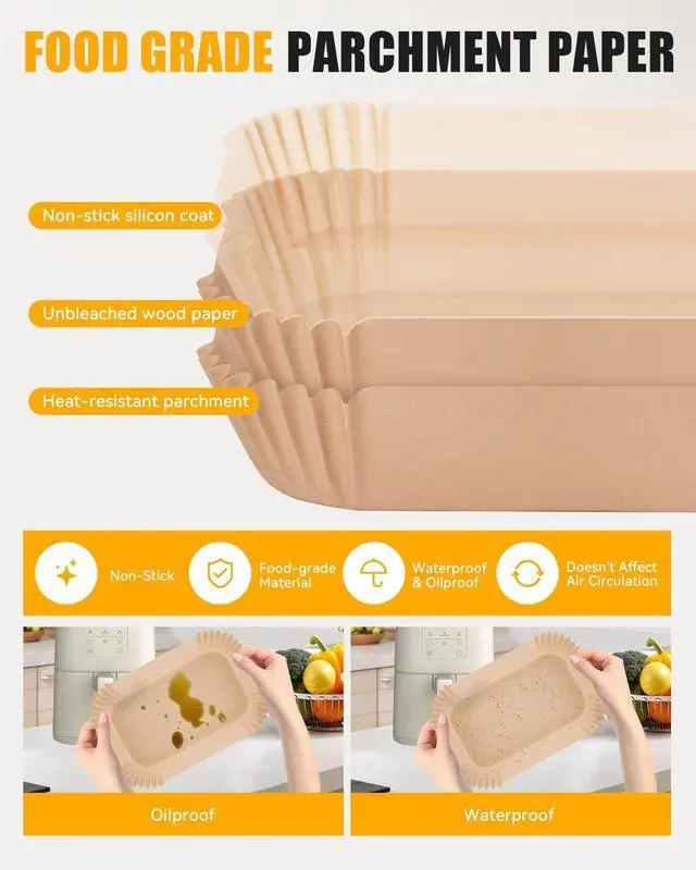 Alt view image 3 of 6 - 130PCs Air Fryer Paper Liners for bella 4Qt Slim Air Fryer(3.3lb Capacity), Rectangular Airfryer Disposable Parchment Paper Liner, Non-Stick Food-grade Air-Frier Accessories Rectangle Free of Bleach