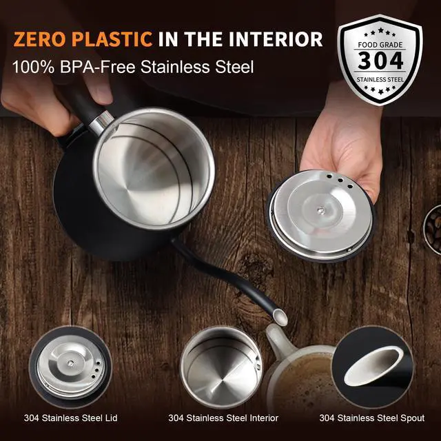 Alt view image 2 of 7 - Electric Gooseneck Kettle, 304 Stainless Steel Coffee Kettle, Auto Shutoff Anti-dry Protection, Classic Pour-over Coffee & Tea,Matte Black 1.0L-1200W Fast Boiling Water Boiler by YUIOASE