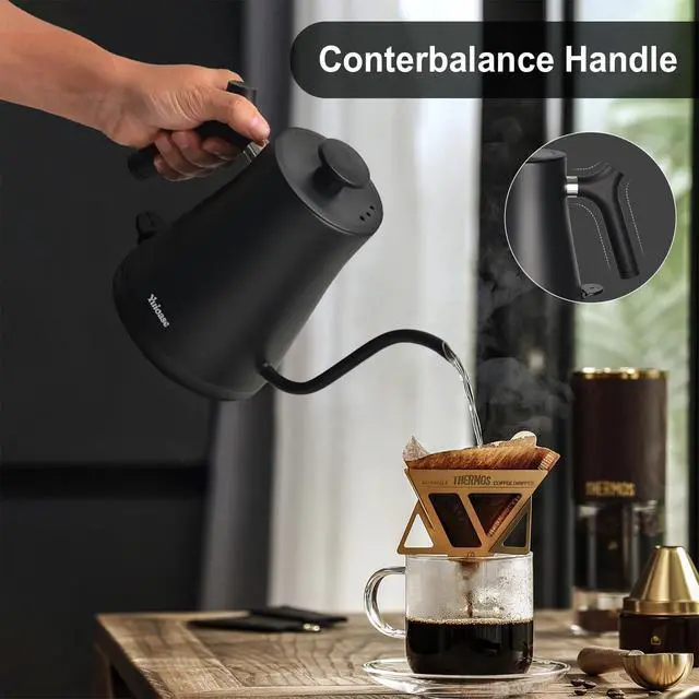 Alt view image 7 of 7 - Electric Gooseneck Kettle, 304 Stainless Steel Coffee Kettle, Auto Shutoff Anti-dry Protection, Classic Pour-over Coffee & Tea,Matte Black 1.0L-1200W Fast Boiling Water Boiler by YUIOASE
