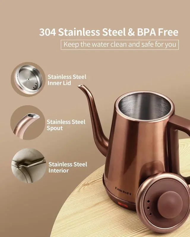 Alt view image 3 of 7 - 1000W Gooseneck Electric Kettle (1.0L),100% Stainless Steel BPA Free Tea Kettle with Auto Shut - Off Protection, Pour Over Coffee Kettle -Copper