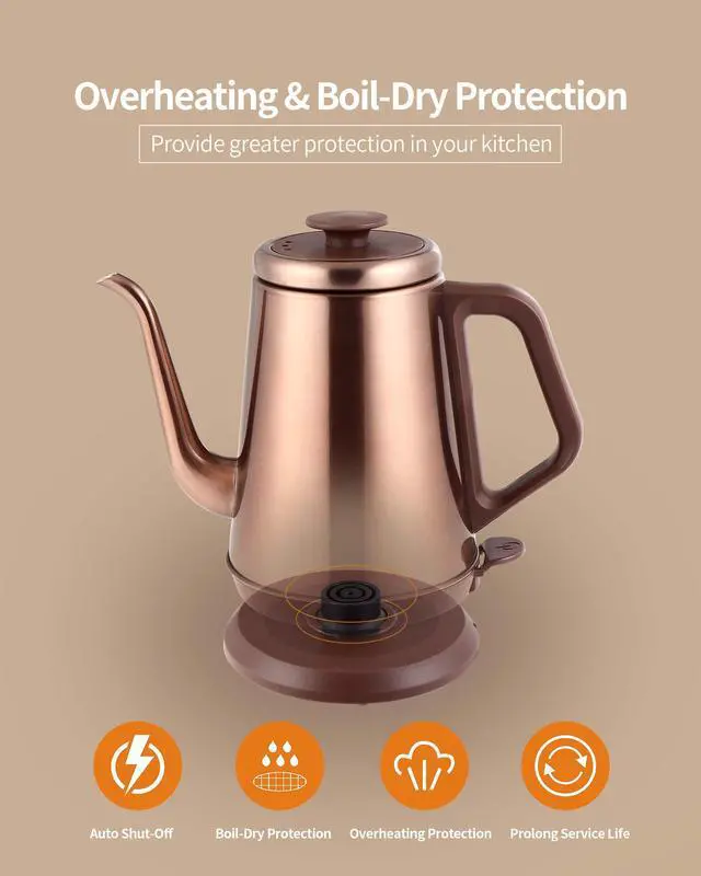 Alt view image 5 of 7 - 1000W Gooseneck Electric Kettle (1.0L),100% Stainless Steel BPA Free Tea Kettle with Auto Shut - Off Protection, Pour Over Coffee Kettle -Copper