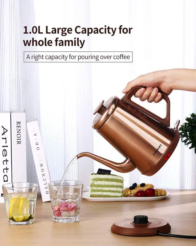 Alt view image 7 of 7 - 1000W Gooseneck Electric Kettle (1.0L),100% Stainless Steel BPA Free Tea Kettle with Auto Shut - Off Protection, Pour Over Coffee Kettle -Copper