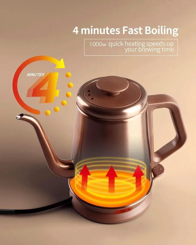 Alt view image 4 of 7 - 1000W Gooseneck Electric Kettle (1.0L),100% Stainless Steel BPA Free Tea Kettle with Auto Shut - Off Protection, Pour Over Coffee Kettle -Copper
