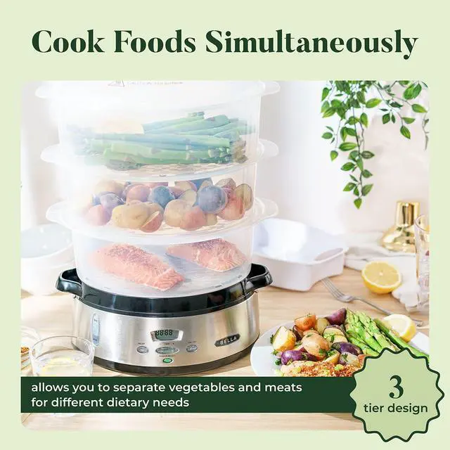 Alt view image 2 of 6 - 9.5 QT Triple Tier Digital Food Steamer, Healthy Fast Simultaneous Cooking, Stackable Baskets for Vegetables or Meats, Rice/Grains Tray, Auto Shutoff & Boil Dry Protection, Stainless Steel