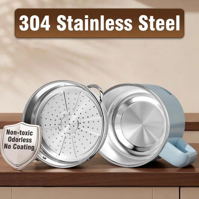 Alt view image 2 of 7 - Hot Pot Electric with Steamer, 1.6L Ramen Cooker, Electric Pot for Pasta, Shabu-Shabu, Oatmeal, Soup and Egg, Portable Cooker with Dual Power Control, Dorm Room Essentials, Blue