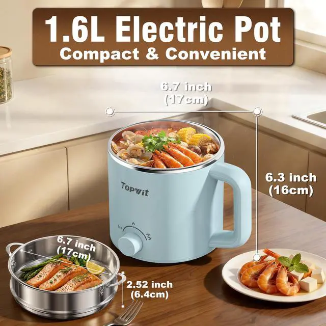 Alt view image 4 of 7 - Hot Pot Electric with Steamer, 1.6L Ramen Cooker, Electric Pot for Pasta, Shabu-Shabu, Oatmeal, Soup and Egg, Portable Cooker with Dual Power Control, Dorm Room Essentials, Blue