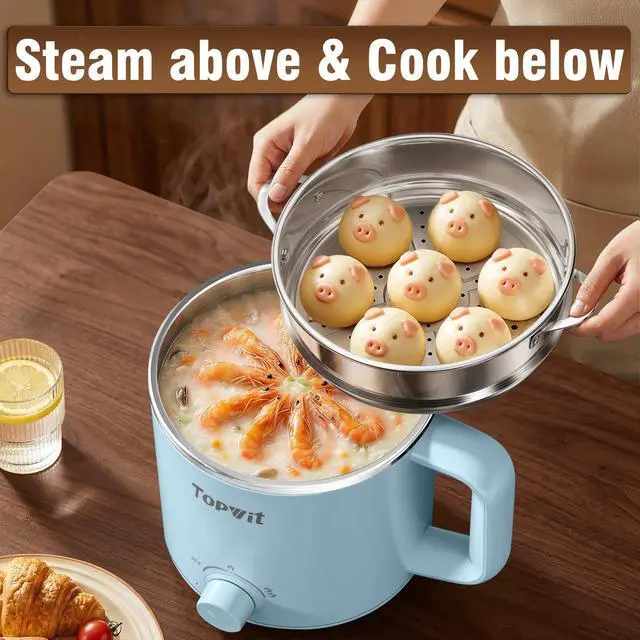 Alt view image 3 of 7 - Hot Pot Electric with Steamer, 1.6L Ramen Cooker, Electric Pot for Pasta, Shabu-Shabu, Oatmeal, Soup and Egg, Portable Cooker with Dual Power Control, Dorm Room Essentials, Blue