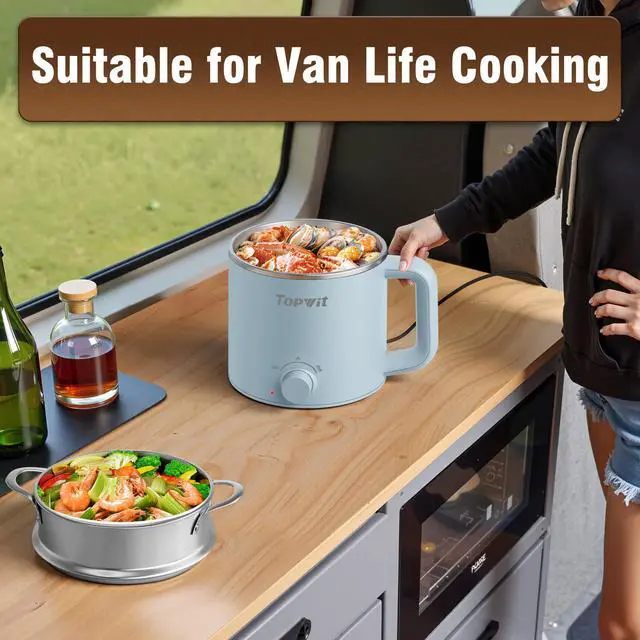 Alt view image 6 of 7 - Hot Pot Electric with Steamer, 1.6L Ramen Cooker, Electric Pot for Pasta, Shabu-Shabu, Oatmeal, Soup and Egg, Portable Cooker with Dual Power Control, Dorm Room Essentials, Blue