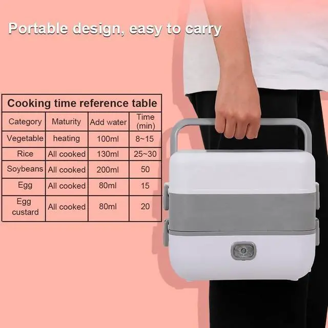 Alt view image 2 of 6 - Portable Self Cooking Electric Lunch Box, Mini Rice Cooker, 2 Layers 4 Stainless Steel Steamer Food Insulation Lunch Box for Home Office Dormitory Travel Outdoor Kitchen Cook Raw Food, 2L/110V/200W