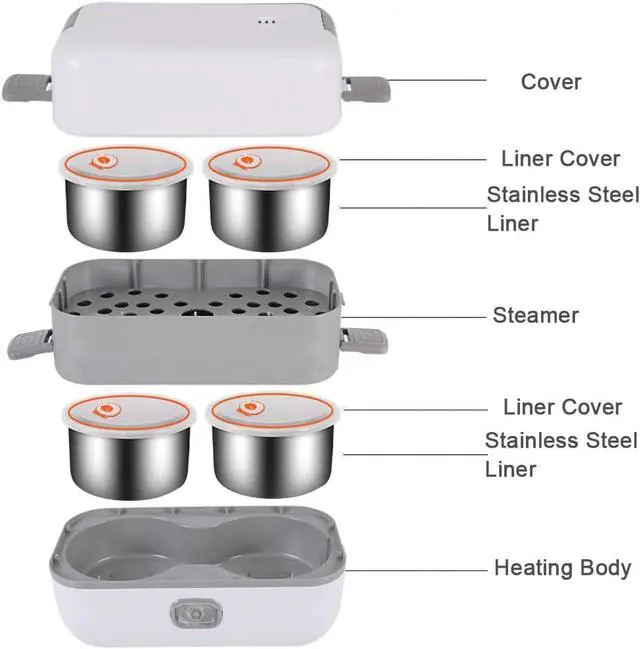 Alt view image 3 of 6 - Portable Self Cooking Electric Lunch Box, Mini Rice Cooker, 2 Layers 4 Stainless Steel Steamer Food Insulation Lunch Box for Home Office Dormitory Travel Outdoor Kitchen Cook Raw Food, 2L/110V/200W