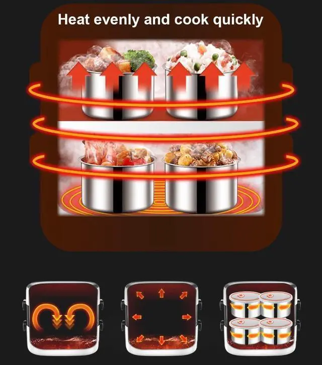 Alt view image 6 of 6 - Portable Self Cooking Electric Lunch Box, Mini Rice Cooker, 2 Layers 4 Stainless Steel Steamer Food Insulation Lunch Box for Home Office Dormitory Travel Outdoor Kitchen Cook Raw Food, 2L/110V/200W