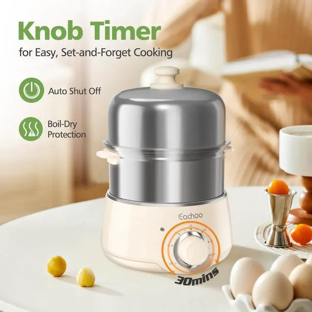 Alt view image 3 of 7 - Hard Boiled Egg Cooker - CACHOO 14-Egg Rapid Stainless Steel Egg Boiler with 30-Min Timer & Auto Shut Off, Compact Electric Vegetable Steamer for Cooking, Dishwasher Safe, Beige