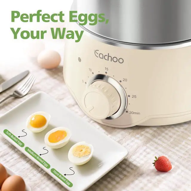 Alt view image 5 of 7 - Hard Boiled Egg Cooker - CACHOO 14-Egg Rapid Stainless Steel Egg Boiler with 30-Min Timer & Auto Shut Off, Compact Electric Vegetable Steamer for Cooking, Dishwasher Safe, Beige