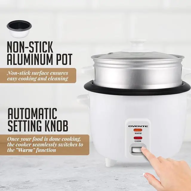 Alt view image 4 of 7 - Electric Rice Cooker and Food Steamer 10-Cup Cooked Capacity (5 Cups Uncooked), Nonstick Removable Pot, Keep Warm Function, Steaming Basket, Measuring Cup & Spatula Included, White RCS01W