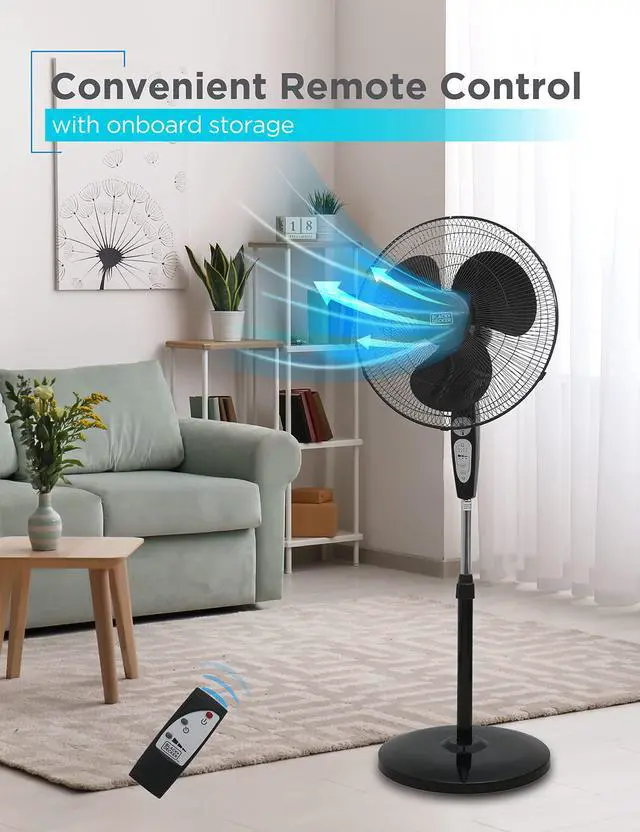 Alt view image 2 of 7 - 18-Inch Stand Fan with Pedestal Base, Height Adjustable Pedestal Fan with Remote and Touch Control Panel, Free Standing Fan with 90-Degree Oscillating and 3-Speed Settings, Black