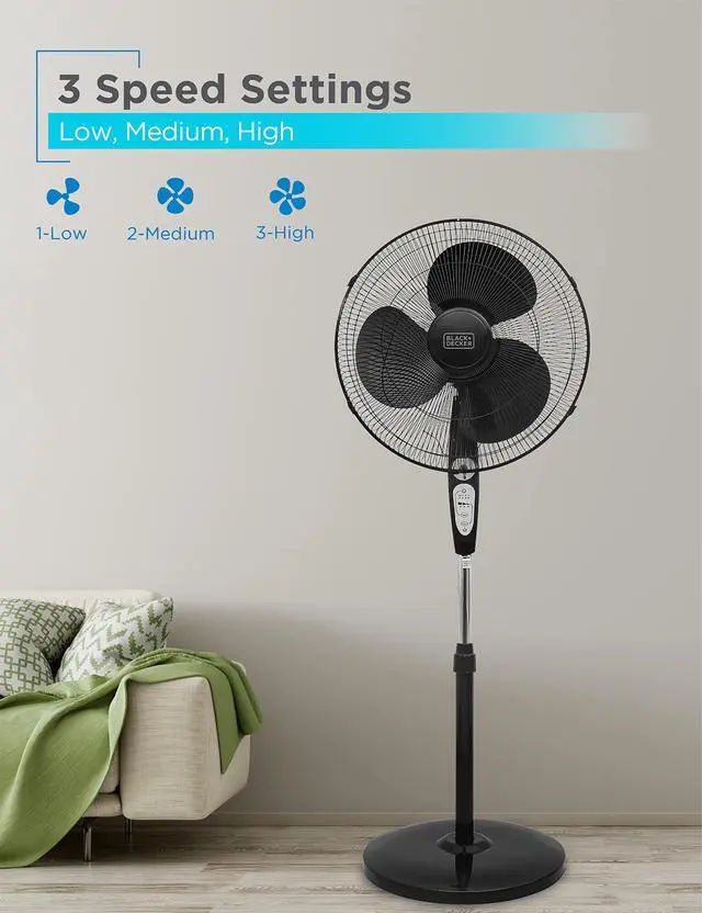 Alt view image 3 of 7 - 18-Inch Stand Fan with Pedestal Base, Height Adjustable Pedestal Fan with Remote and Touch Control Panel, Free Standing Fan with 90-Degree Oscillating and 3-Speed Settings, Black