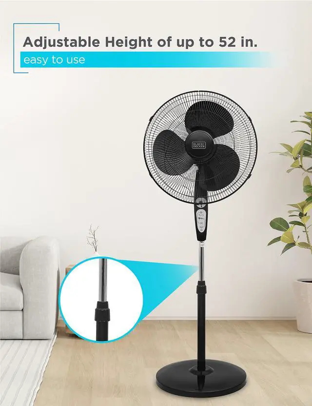 Alt view image 4 of 7 - 18-Inch Stand Fan with Pedestal Base, Height Adjustable Pedestal Fan with Remote and Touch Control Panel, Free Standing Fan with 90-Degree Oscillating and 3-Speed Settings, Black