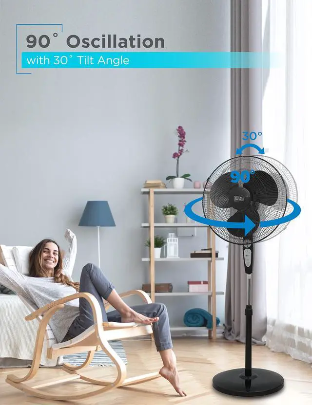 Alt view image 5 of 7 - 18-Inch Stand Fan with Pedestal Base, Height Adjustable Pedestal Fan with Remote and Touch Control Panel, Free Standing Fan with 90-Degree Oscillating and 3-Speed Settings, Black