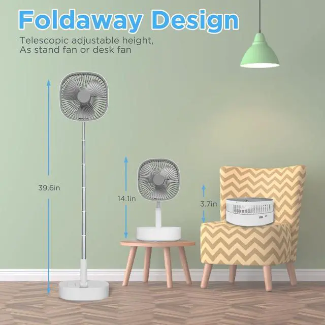 Alt view image 4 of 6 - Portable Oscillating Pedestal FanRemote, 120° Rotation, 3-In-1 Foldaway/Standing/Desk Fan, Anti-Slip 7200Mah Rechargeable, Telescopic 4 Speed Quiet Timer Fan Home Outdoor Travel (Gray)