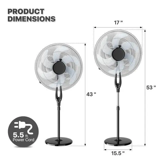Alt view image 2 of 7 - Oscillating Pedestal Fan with Remote Control 12H Timer Portable Adjustable Height 6 Blades Quiet Air Circulator Standing Floor Fan for Bedroom Home Black