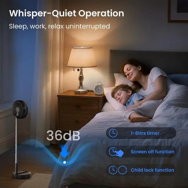 Alt view image 4 of 7 - Portable Standing Fan, 8000mAh Rechargeable Oscillating Fan with Remote, 8.1'' Quiet Pedestal Floor Fan with LED Display & Timer, Foldable Small Desk Fans for Bedroom, Office, Camping, Travel