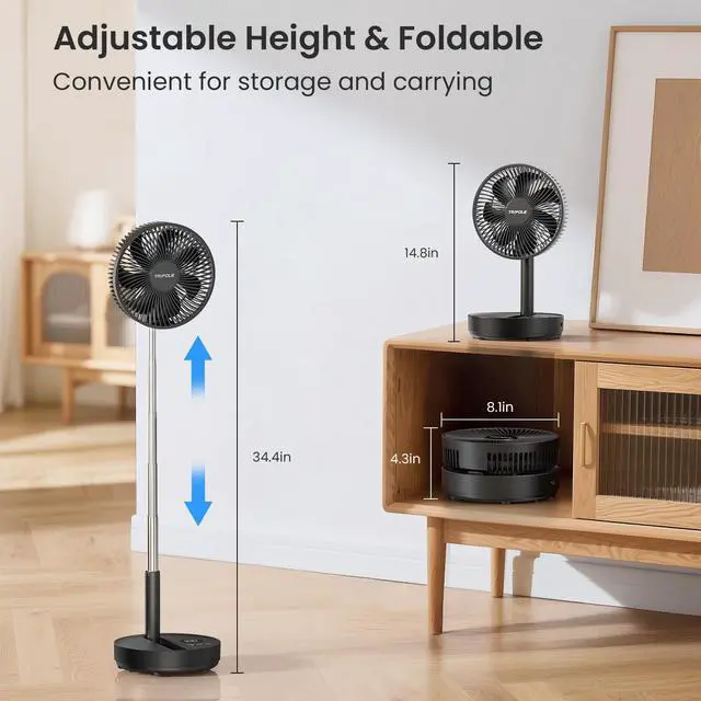 Alt view image 6 of 7 - Portable Standing Fan, 8000mAh Rechargeable Oscillating Fan with Remote, 8.1'' Quiet Pedestal Floor Fan with LED Display & Timer, Foldable Small Desk Fans for Bedroom, Office, Camping, Travel