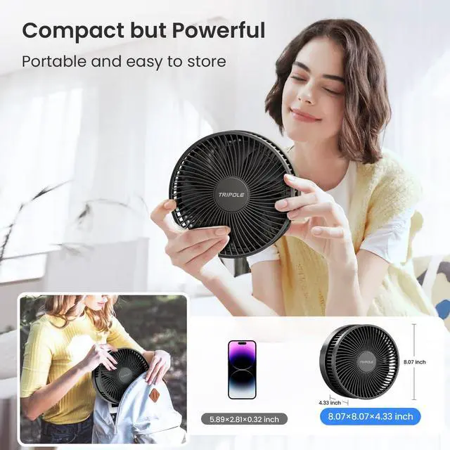 Alt view image 7 of 7 - Portable Standing Fan, 8000mAh Rechargeable Oscillating Fan with Remote, 8.1'' Quiet Pedestal Floor Fan with LED Display & Timer, Foldable Small Desk Fans for Bedroom, Office, Camping, Travel