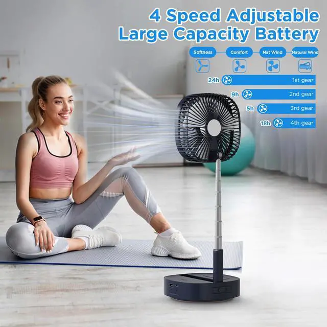 Alt view image 2 of 6 - Portable Oscillating Pedestal FanRemote, 120° Rotation, 3-In-1 Foldaway/Standing/Desk Fan, Anti-Slip 7200Mah Rechargeable, Telescopic 4 Speed Quiet Timer Fan Home Outdoor Travel (Dark Blue)