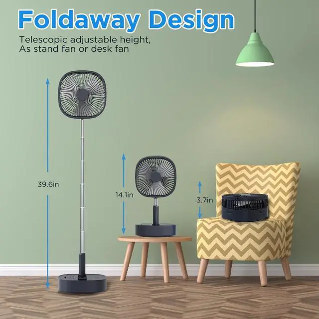 Alt view image 4 of 6 - Portable Oscillating Pedestal FanRemote, 120° Rotation, 3-In-1 Foldaway/Standing/Desk Fan, Anti-Slip 7200Mah Rechargeable, Telescopic 4 Speed Quiet Timer Fan Home Outdoor Travel (Dark Blue)