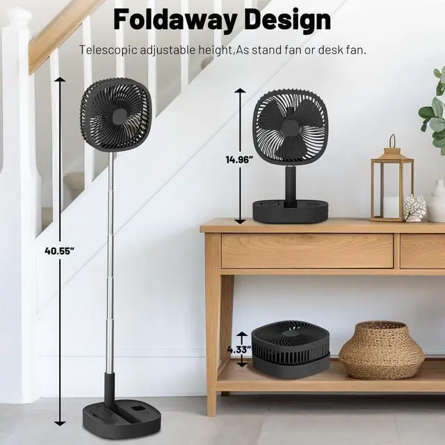 Alt view image 5 of 6 - Portable Oscillating Pedestal Fan with Romote, 4 Speed 120° Telescopic Rotation Foldable Standing Collapsible Fans, 7200Mah Rechargeable, Quiet Timer DeskFan for Travel Outdoor Home, Black