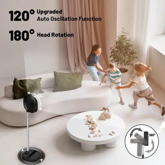 Alt view image 4 of 6 - Portable Oscillating Pedestal Fan with Romote, 4 Speed 120° Telescopic Rotation Foldable Standing Collapsible Fans, 7200Mah Rechargeable, Quiet Timer DeskFan for Travel Outdoor Home, Black
