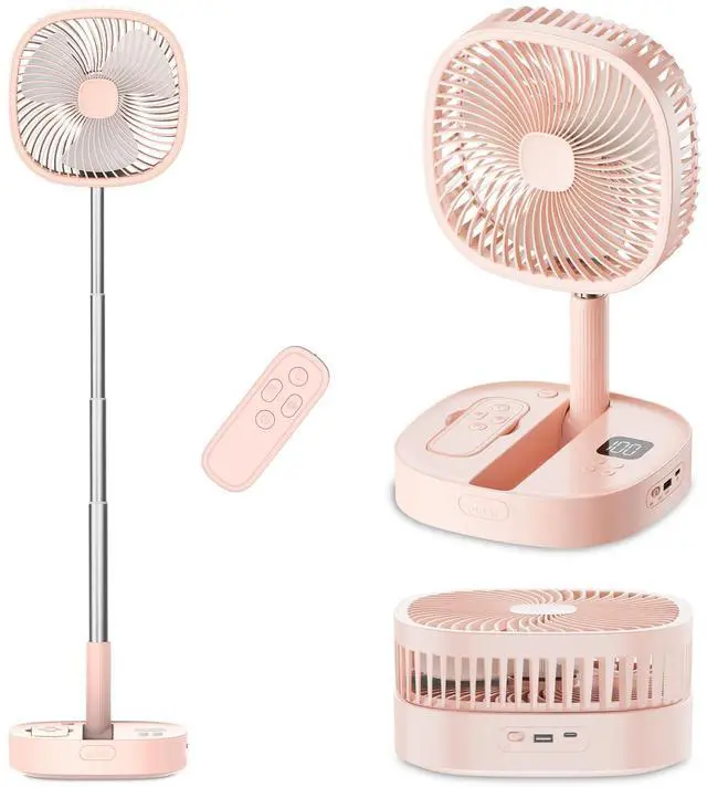Main image of Portable Oscillating Pedestal Fan with Romote, 4 Speed 120° Telescopic Rotation Foldable Standing Collapsible Fans, 7200Mah Rechargeable, Quiet Timer DeskFan for Travel Camping Home, Pink