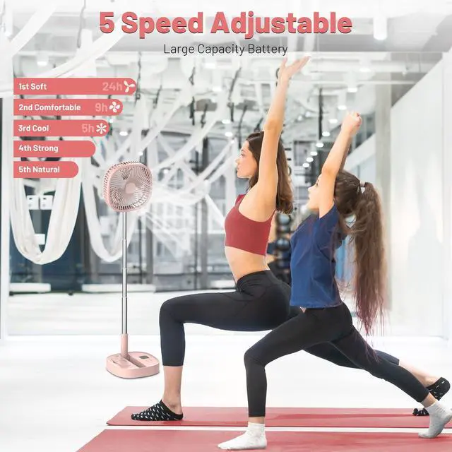 Alt view image 2 of 6 - Portable Oscillating Pedestal Fan with Romote, 4 Speed 120° Telescopic Rotation Foldable Standing Collapsible Fans, 7200Mah Rechargeable, Quiet Timer DeskFan for Travel Camping Home, Pink