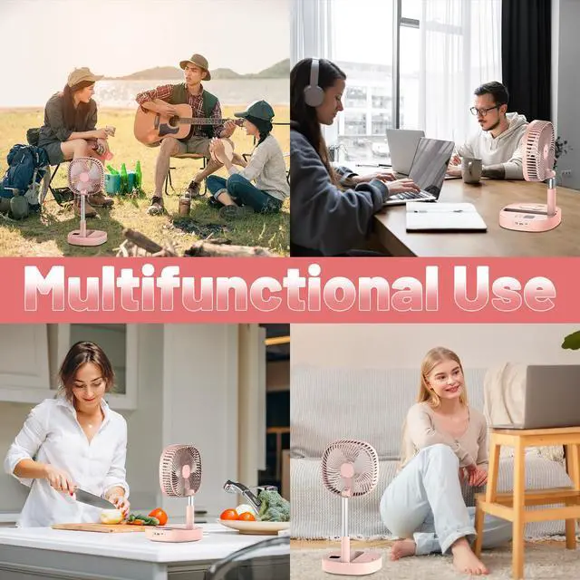 Alt view image 6 of 6 - Portable Oscillating Pedestal Fan with Romote, 4 Speed 120° Telescopic Rotation Foldable Standing Collapsible Fans, 7200Mah Rechargeable, Quiet Timer DeskFan for Travel Camping Home, Pink