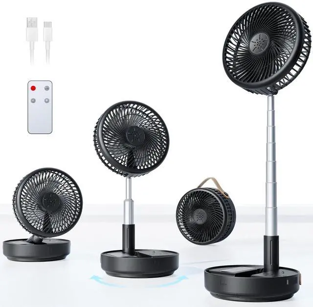 Main image of Portable Oscillating Travel Fan, 10400mAh Battery Operated Rechargeable USB Floor Table Desk Fan with Remote, 4 Speed Settings Pedestal Fan for Home Bedroom Office Camping Cruise, Black 8"