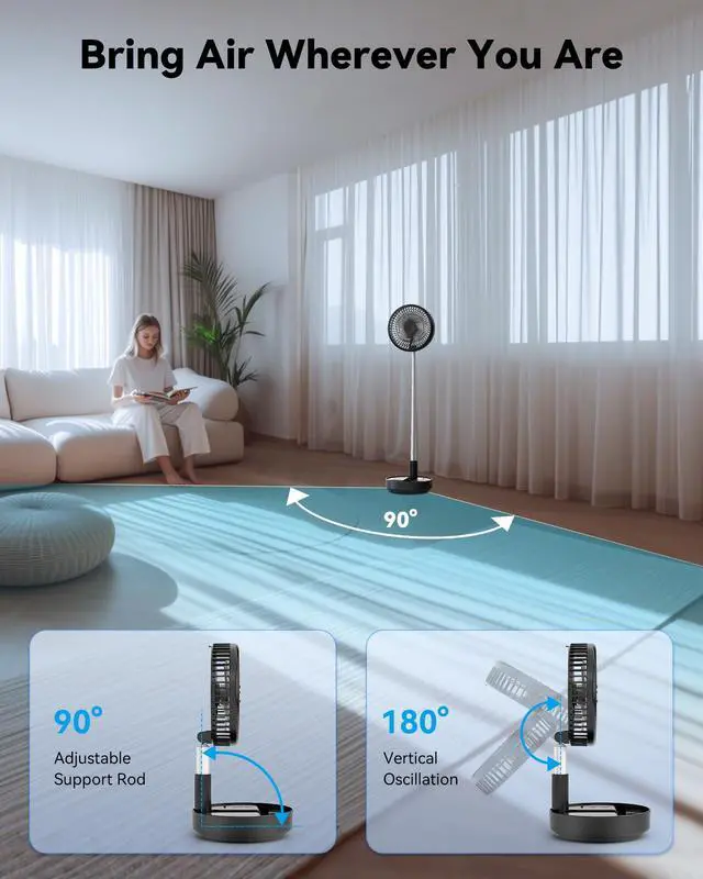 Alt view image 5 of 7 - Portable Oscillating Travel Fan, 10400mAh Battery Operated Rechargeable USB Floor Table Desk Fan with Remote, 4 Speed Settings Pedestal Fan for Home Bedroom Office Camping Cruise, Black 8"