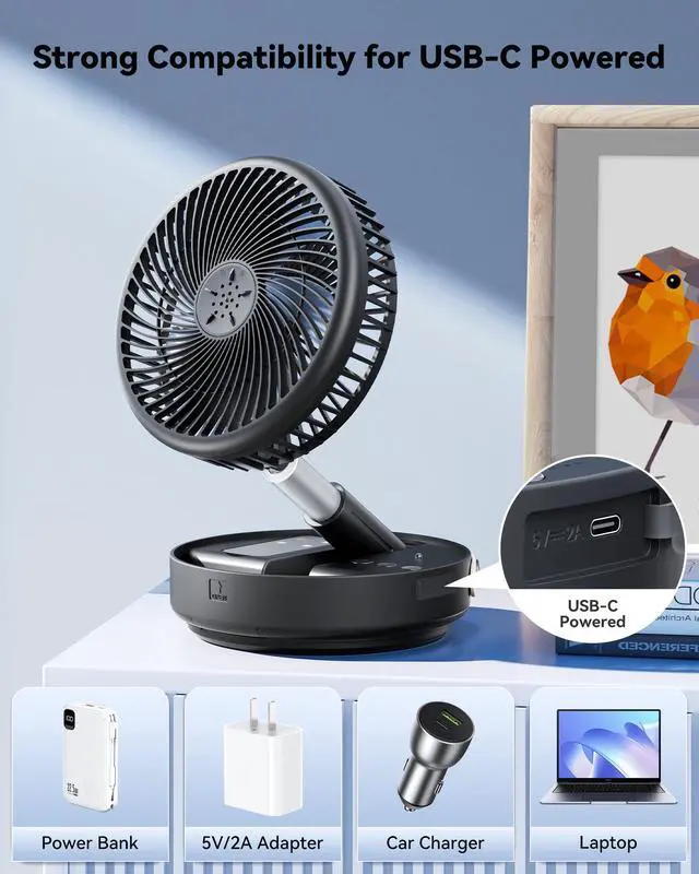 Alt view image 7 of 7 - Portable Oscillating Travel Fan, 10400mAh Battery Operated Rechargeable USB Floor Table Desk Fan with Remote, 4 Speed Settings Pedestal Fan for Home Bedroom Office Camping Cruise, Black 8"