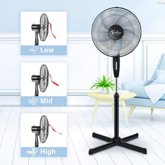 Alt view image 5 of 6 - Oscillating 16'' 3 Adjustable Speed Pedestal Stand Fan for Indoor, Bedroom, Living Room, Home Office & College Dorm Use, 16 Inch, Black